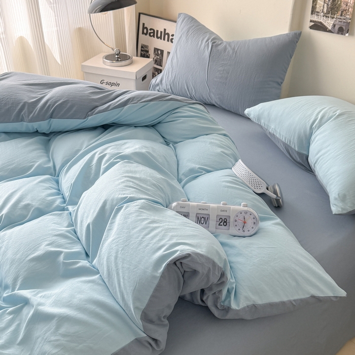 91家纺网 家纺一手货源 找家纺 桔禾家纺 2025新款ins风纯色水洗棉四件套双拼水洗棉学生三件套四件套 天空蓝雾霾蓝