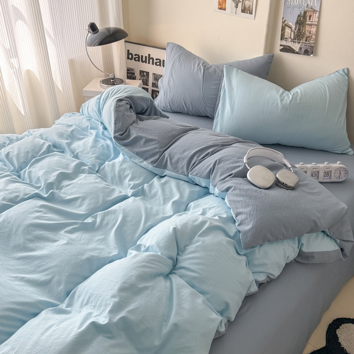 91家纺网 家纺一手货源 找家纺 桔禾家纺 2025新款ins风纯色水洗棉四件套双拼水洗棉学生三件套四件套 天空蓝雾霾蓝