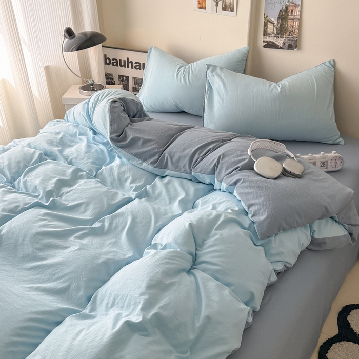 91家纺网 家纺一手货源 找家纺 桔禾家纺 2025新款ins风纯色水洗棉四件套双拼水洗棉学生三件套四件套 天空蓝雾霾蓝