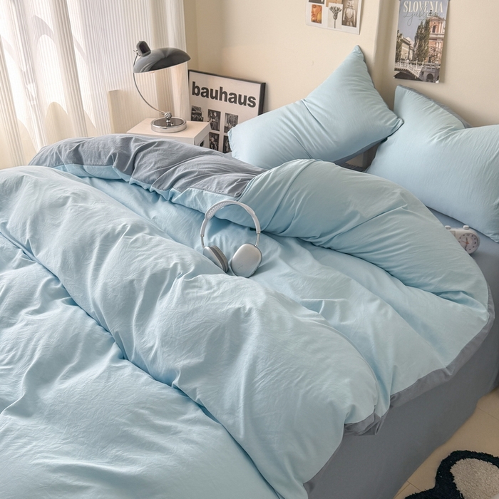 91家纺网 家纺一手货源 找家纺 桔禾家纺 2025新款ins风纯色水洗棉四件套双拼水洗棉学生三件套四件套 天空蓝雾霾蓝