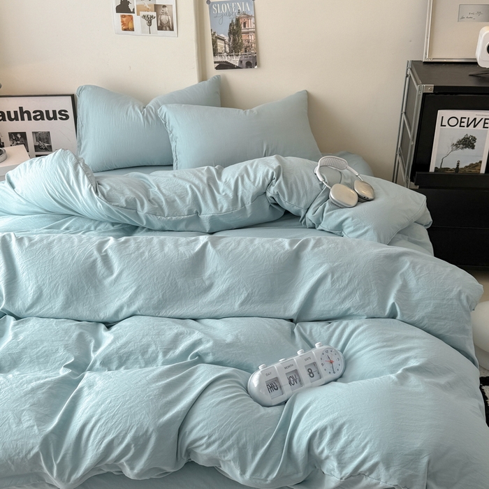 91家纺网 家纺一手货源 找家纺 桔禾家纺 2025新款ins风纯色水洗棉四件套双拼水洗棉学生三件套四件套 雾霾蓝