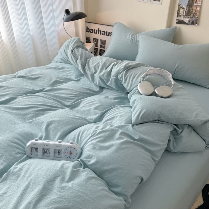 91家纺网 家纺一手货源 找家纺 桔禾家纺 2025新款ins风纯色水洗棉四件套双拼水洗棉学生三件套四件套 雾霾蓝