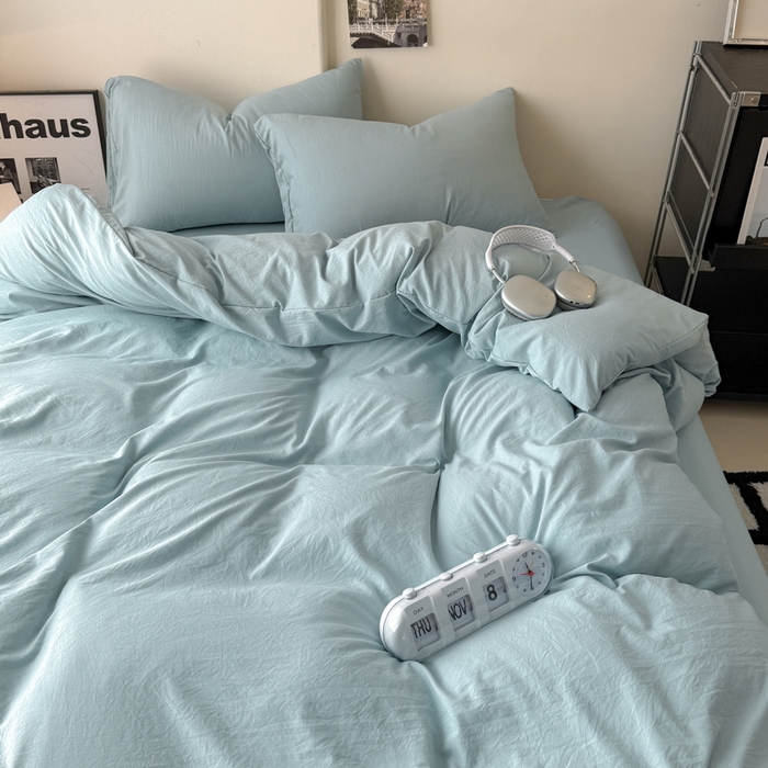 91家纺网 家纺一手货源 找家纺 桔禾家纺 2025新款ins风纯色水洗棉四件套双拼水洗棉学生三件套四件套 雾霾蓝