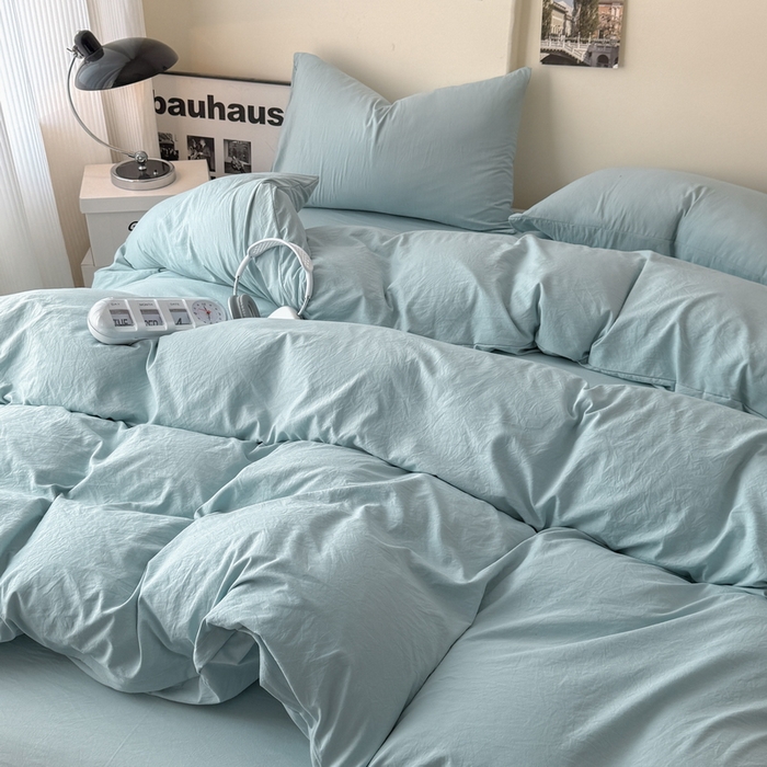 91家纺网 家纺一手货源 找家纺 桔禾家纺 2025新款ins风纯色水洗棉四件套双拼水洗棉学生三件套四件套 雾霾蓝