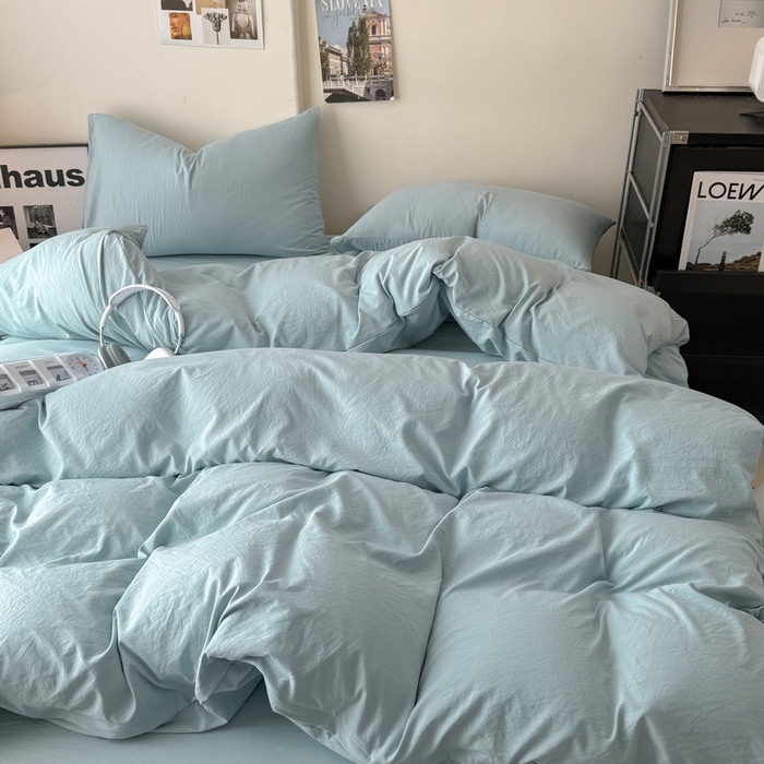 91家纺网 家纺一手货源 找家纺 桔禾家纺 2025新款ins风纯色水洗棉四件套双拼水洗棉学生三件套四件套 雾霾蓝