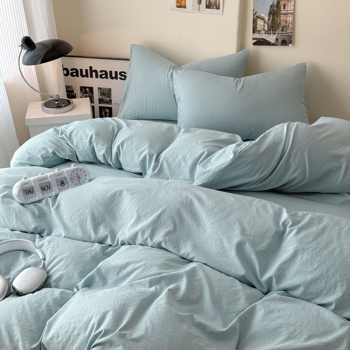 91家纺网 家纺一手货源 找家纺 桔禾家纺 2025新款ins风纯色水洗棉四件套双拼水洗棉学生三件套四件套 雾霾蓝