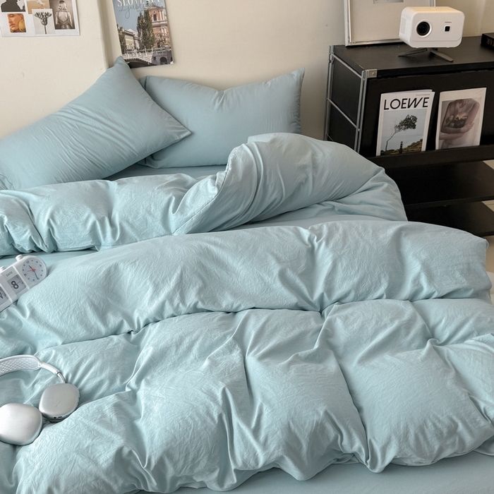 91家纺网 家纺一手货源 找家纺 桔禾家纺 2025新款ins风纯色水洗棉四件套双拼水洗棉学生三件套四件套 雾霾蓝