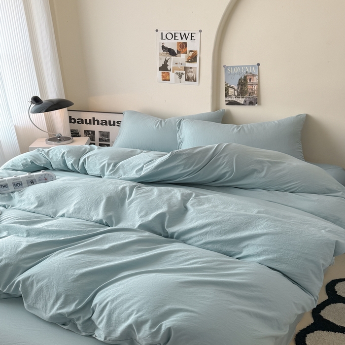 91家纺网 家纺一手货源 找家纺 桔禾家纺 2025新款ins风纯色水洗棉四件套双拼水洗棉学生三件套四件套 雾霾蓝