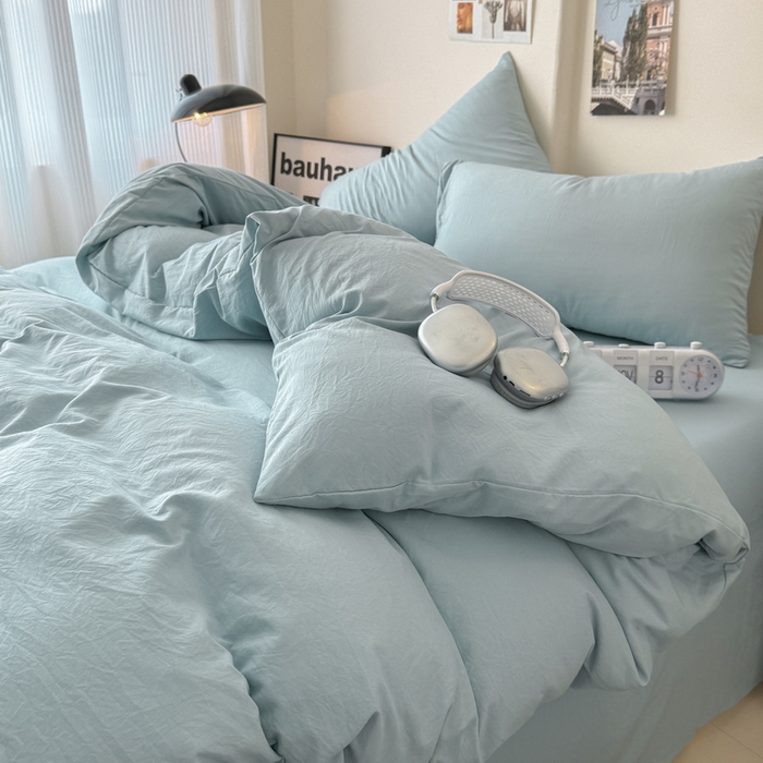 91家纺网 家纺一手货源 找家纺 桔禾家纺 2025新款ins风纯色水洗棉四件套双拼水洗棉学生三件套四件套 雾霾蓝