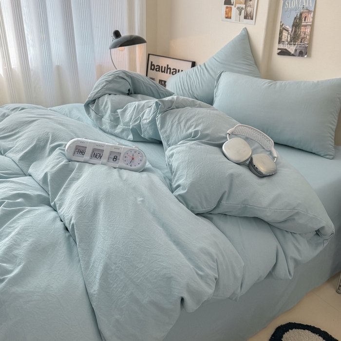 91家纺网 家纺一手货源 找家纺 桔禾家纺 2025新款ins风纯色水洗棉四件套双拼水洗棉学生三件套四件套 雾霾蓝