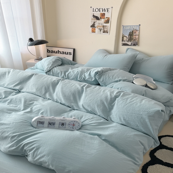 91家纺网 家纺一手货源 找家纺 桔禾家纺 2025新款ins风纯色水洗棉四件套双拼水洗棉学生三件套四件套 雾霾蓝