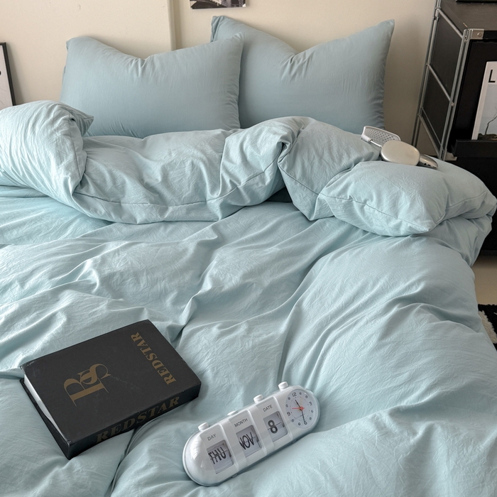 91家纺网 家纺一手货源 找家纺 桔禾家纺 2025新款ins风纯色水洗棉四件套双拼水洗棉学生三件套四件套 雾霾蓝