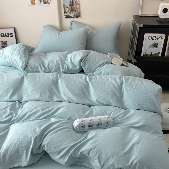 91家纺网 家纺一手货源 找家纺 桔禾家纺 2025新款ins风纯色水洗棉四件套双拼水洗棉学生三件套四件套 雾霾蓝