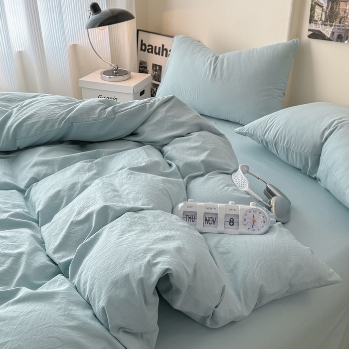 91家纺网 家纺一手货源 找家纺 桔禾家纺 2025新款ins风纯色水洗棉四件套双拼水洗棉学生三件套四件套 雾霾蓝