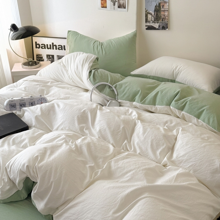 91家纺网 家纺一手货源 找家纺 桔禾家纺 2025新款ins风纯色水洗棉四件套双拼水洗棉学生三件套四件套 月白抹茶绿