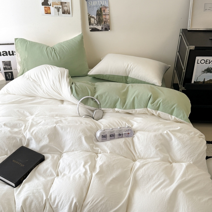 91家纺网 家纺一手货源 找家纺 桔禾家纺 2025新款ins风纯色水洗棉四件套双拼水洗棉学生三件套四件套 月白抹茶绿