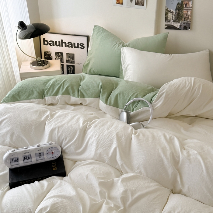 91家纺网 家纺一手货源 找家纺 桔禾家纺 2025新款ins风纯色水洗棉四件套双拼水洗棉学生三件套四件套 月白抹茶绿