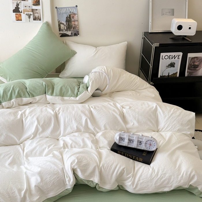 91家纺网 家纺一手货源 找家纺 桔禾家纺 2025新款ins风纯色水洗棉四件套双拼水洗棉学生三件套四件套 月白抹茶绿