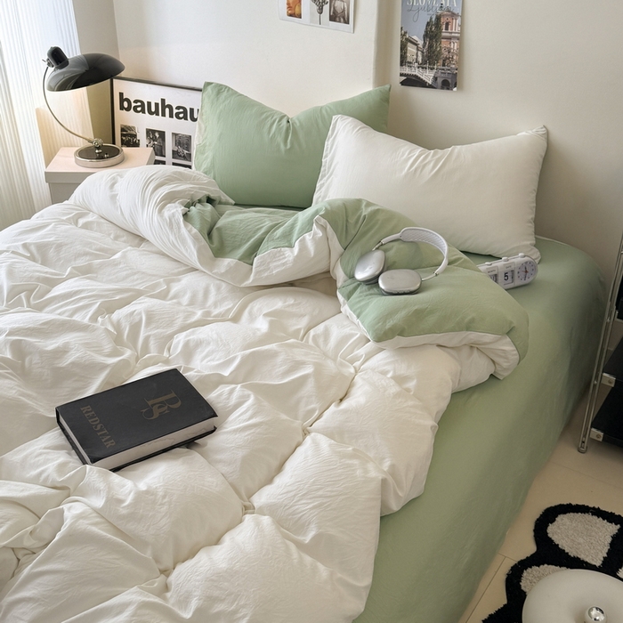 91家纺网 家纺一手货源 找家纺 桔禾家纺 2025新款ins风纯色水洗棉四件套双拼水洗棉学生三件套四件套 月白抹茶绿