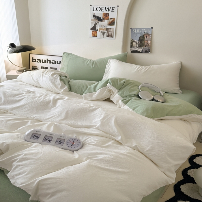 91家纺网 家纺一手货源 找家纺 桔禾家纺 2025新款ins风纯色水洗棉四件套双拼水洗棉学生三件套四件套 月白抹茶绿