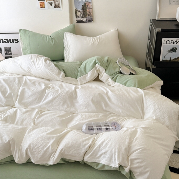 91家纺网 家纺一手货源 找家纺 桔禾家纺 2025新款ins风纯色水洗棉四件套双拼水洗棉学生三件套四件套 月白抹茶绿