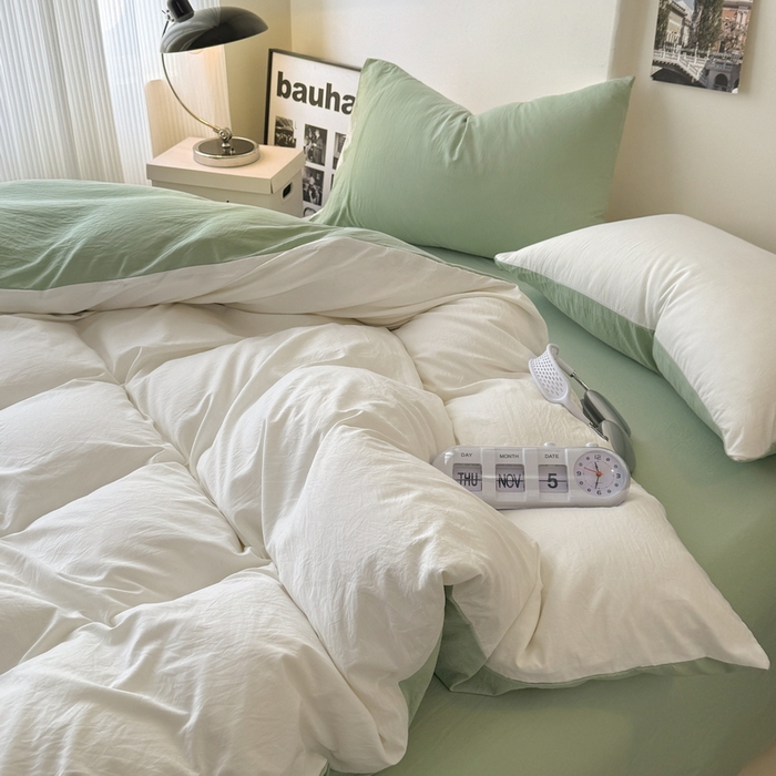 91家纺网 家纺一手货源 找家纺 桔禾家纺 2025新款ins风纯色水洗棉四件套双拼水洗棉学生三件套四件套 月白抹茶绿