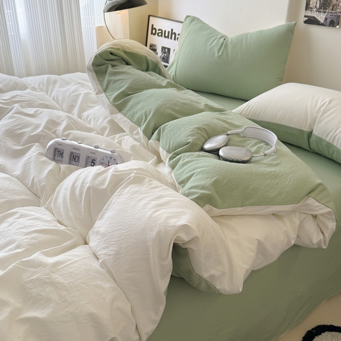 91家纺网 家纺一手货源 找家纺 桔禾家纺 2025新款ins风纯色水洗棉四件套双拼水洗棉学生三件套四件套 月白抹茶绿