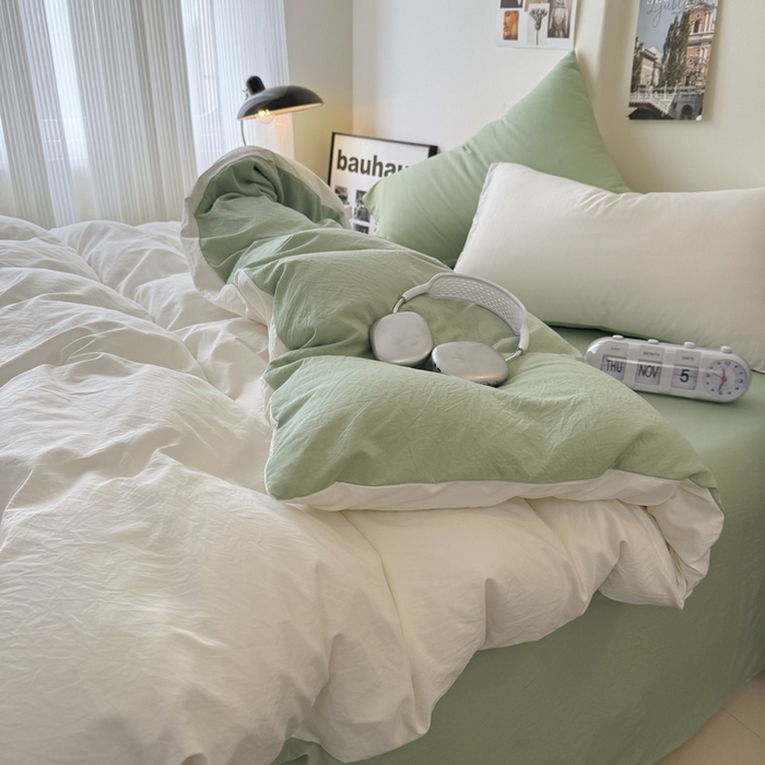 91家纺网 家纺一手货源 找家纺 桔禾家纺 2025新款ins风纯色水洗棉四件套双拼水洗棉学生三件套四件套 月白抹茶绿