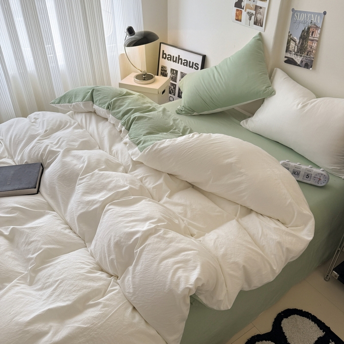 91家纺网 家纺一手货源 找家纺 桔禾家纺 2025新款ins风纯色水洗棉四件套双拼水洗棉学生三件套四件套 月白抹茶绿