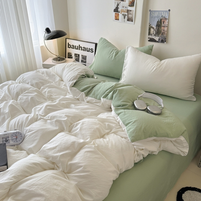 91家纺网 家纺一手货源 找家纺 桔禾家纺 2025新款ins风纯色水洗棉四件套双拼水洗棉学生三件套四件套 月白抹茶绿