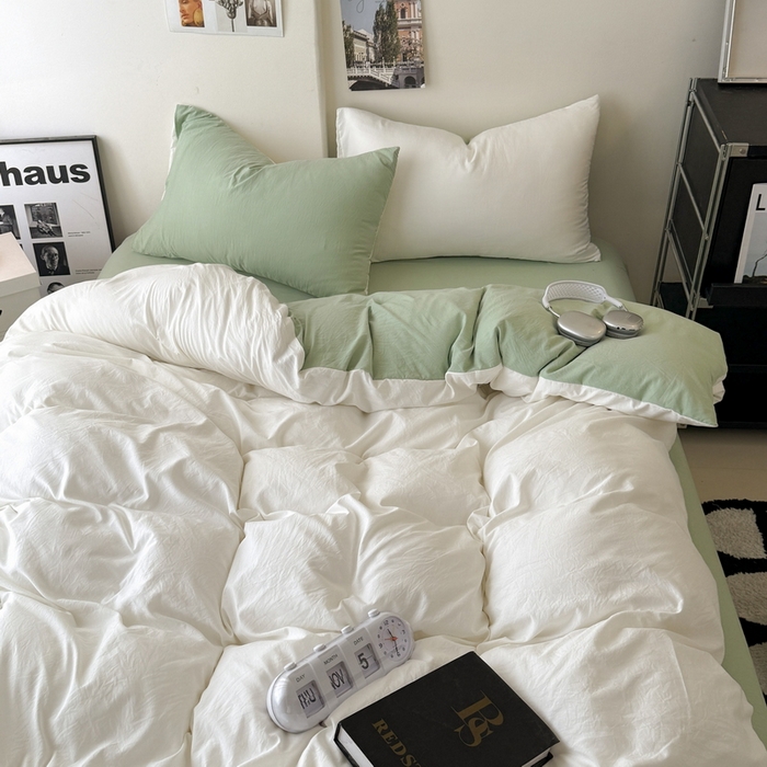 91家纺网 家纺一手货源 找家纺 桔禾家纺 2025新款ins风纯色水洗棉四件套双拼水洗棉学生三件套四件套 月白抹茶绿