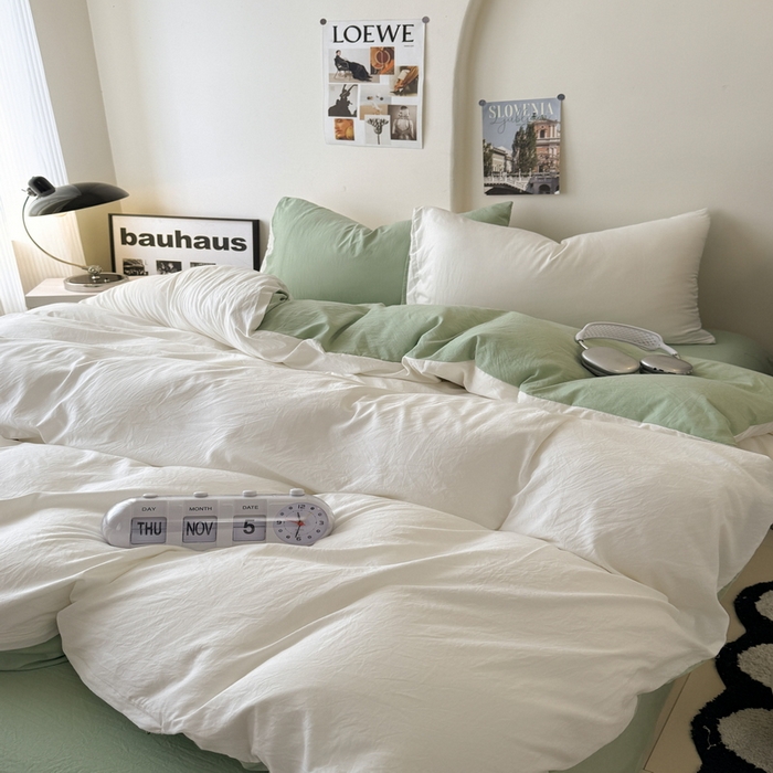 91家纺网 家纺一手货源 找家纺 桔禾家纺 2025新款ins风纯色水洗棉四件套双拼水洗棉学生三件套四件套 月白抹茶绿