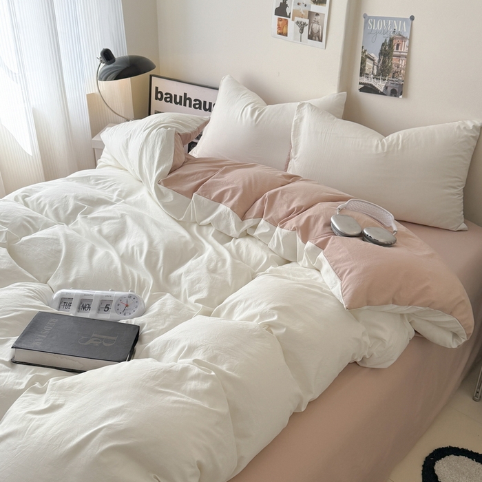 91家纺网 家纺一手货源 找家纺 桔禾家纺 2025新款ins风纯色水洗棉四件套双拼水洗棉学生三件套四件套 月白藕粉