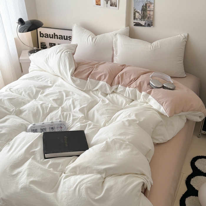 91家纺网 家纺一手货源 找家纺 桔禾家纺 2025新款ins风纯色水洗棉四件套双拼水洗棉学生三件套四件套 月白藕粉