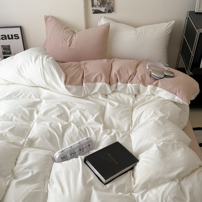 91家纺网 家纺一手货源 找家纺 桔禾家纺 2025新款ins风纯色水洗棉四件套双拼水洗棉学生三件套四件套 月白藕粉