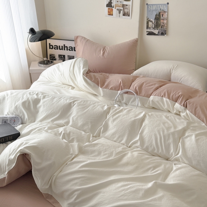 91家纺网 家纺一手货源 找家纺 桔禾家纺 2025新款ins风纯色水洗棉四件套双拼水洗棉学生三件套四件套 月白藕粉