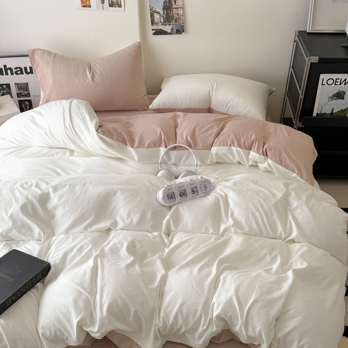 91家纺网 家纺一手货源 找家纺 桔禾家纺 2025新款ins风纯色水洗棉四件套双拼水洗棉学生三件套四件套 月白藕粉