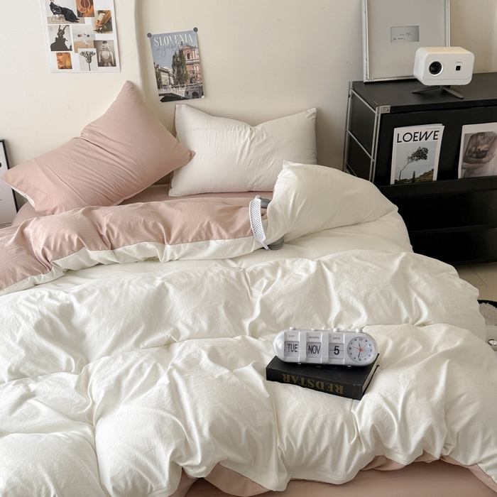 91家纺网 家纺一手货源 找家纺 桔禾家纺 2025新款ins风纯色水洗棉四件套双拼水洗棉学生三件套四件套 月白藕粉