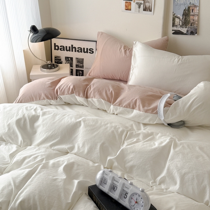 91家纺网 家纺一手货源 找家纺 桔禾家纺 2025新款ins风纯色水洗棉四件套双拼水洗棉学生三件套四件套 月白藕粉