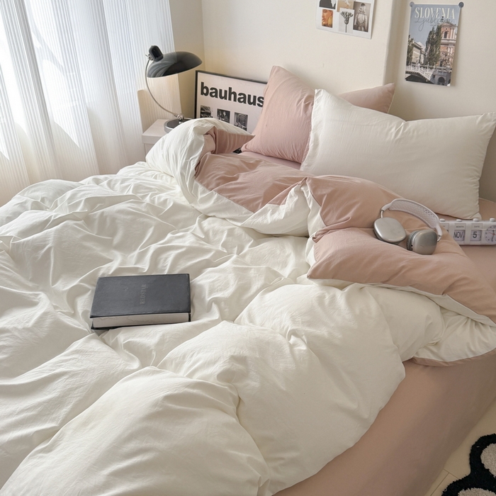 91家纺网 家纺一手货源 找家纺 桔禾家纺 2025新款ins风纯色水洗棉四件套双拼水洗棉学生三件套四件套 月白藕粉