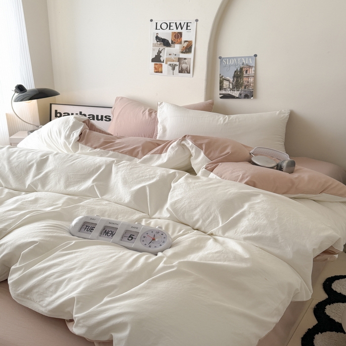 91家纺网 家纺一手货源 找家纺 桔禾家纺 2025新款ins风纯色水洗棉四件套双拼水洗棉学生三件套四件套 月白藕粉