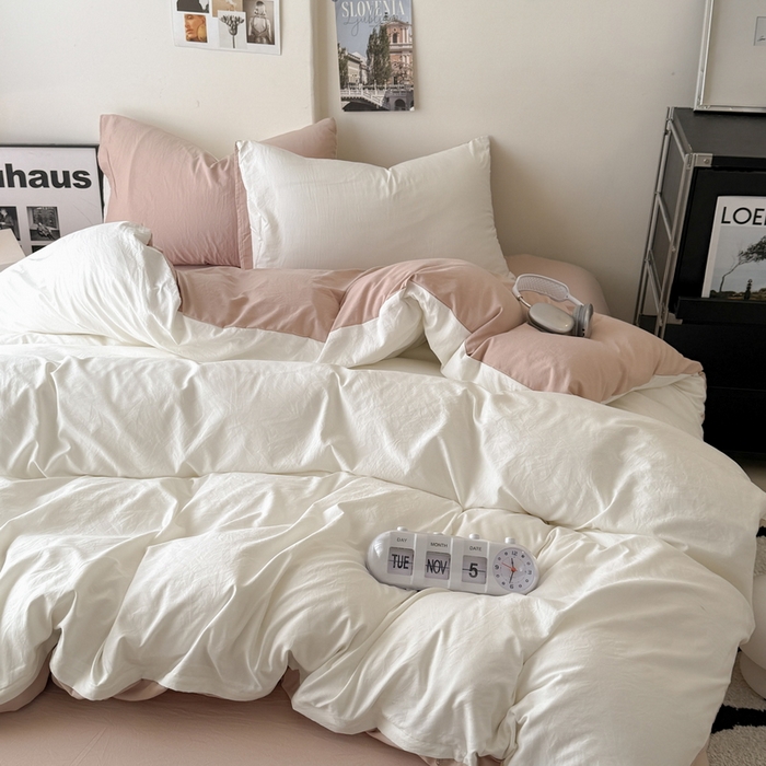 91家纺网 家纺一手货源 找家纺 桔禾家纺 2025新款ins风纯色水洗棉四件套双拼水洗棉学生三件套四件套 月白藕粉