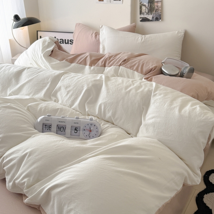 91家纺网 家纺一手货源 找家纺 桔禾家纺 2025新款ins风纯色水洗棉四件套双拼水洗棉学生三件套四件套 月白藕粉