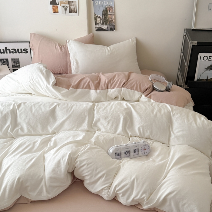 91家纺网 家纺一手货源 找家纺 桔禾家纺 2025新款ins风纯色水洗棉四件套双拼水洗棉学生三件套四件套 月白藕粉