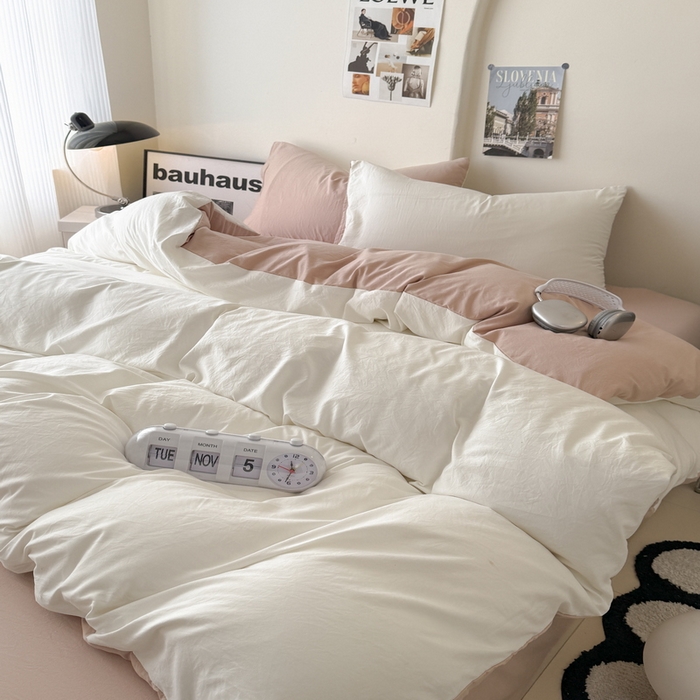 91家纺网 家纺一手货源 找家纺 桔禾家纺 2025新款ins风纯色水洗棉四件套双拼水洗棉学生三件套四件套 月白藕粉