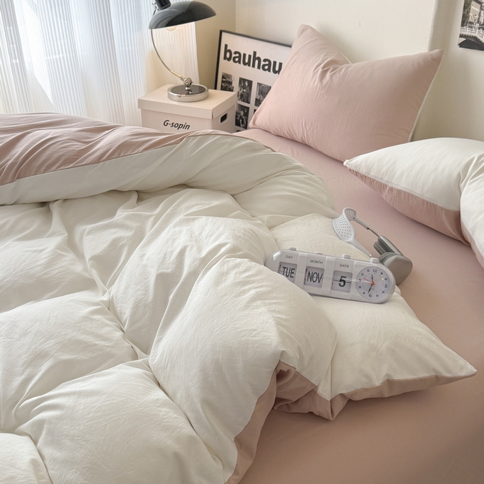 91家纺网 家纺一手货源 找家纺 桔禾家纺 2025新款ins风纯色水洗棉四件套双拼水洗棉学生三件套四件套 月白藕粉