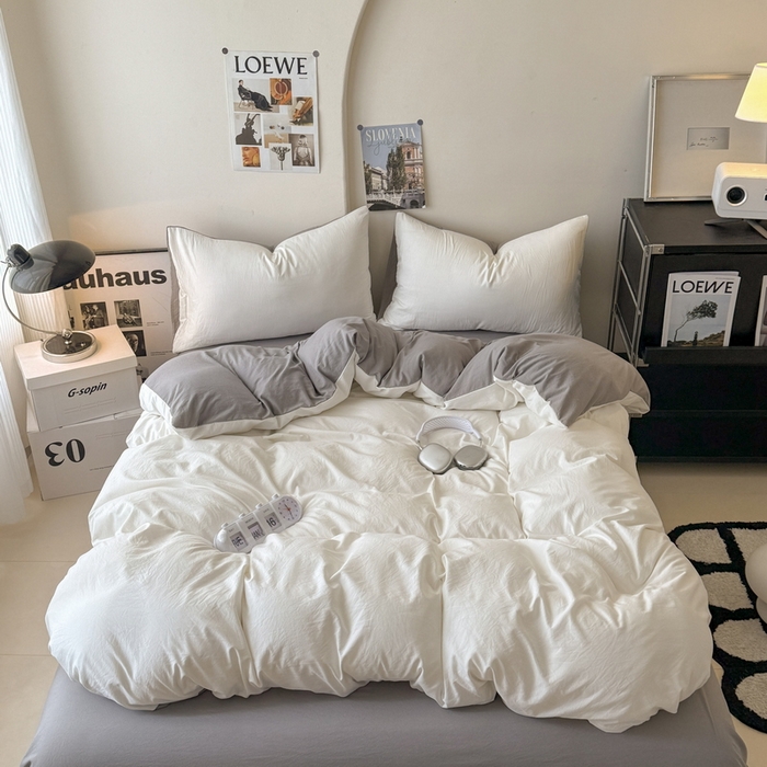 桔禾家纺 2025新款ins风纯色水洗棉四件套双拼水洗棉学生三件套四件套 月白浅灰