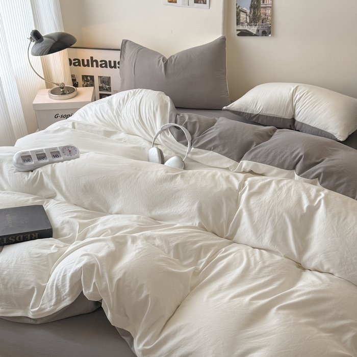 91家纺网 家纺一手货源 找家纺 桔禾家纺 2025新款ins风纯色水洗棉四件套双拼水洗棉学生三件套四件套 月白浅灰