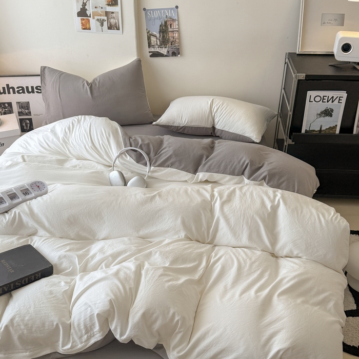 91家纺网 家纺一手货源 找家纺 桔禾家纺 2025新款ins风纯色水洗棉四件套双拼水洗棉学生三件套四件套 月白浅灰