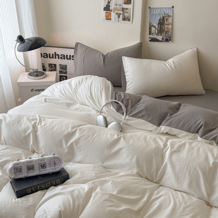 91家纺网 家纺一手货源 找家纺 桔禾家纺 2025新款ins风纯色水洗棉四件套双拼水洗棉学生三件套四件套 月白浅灰